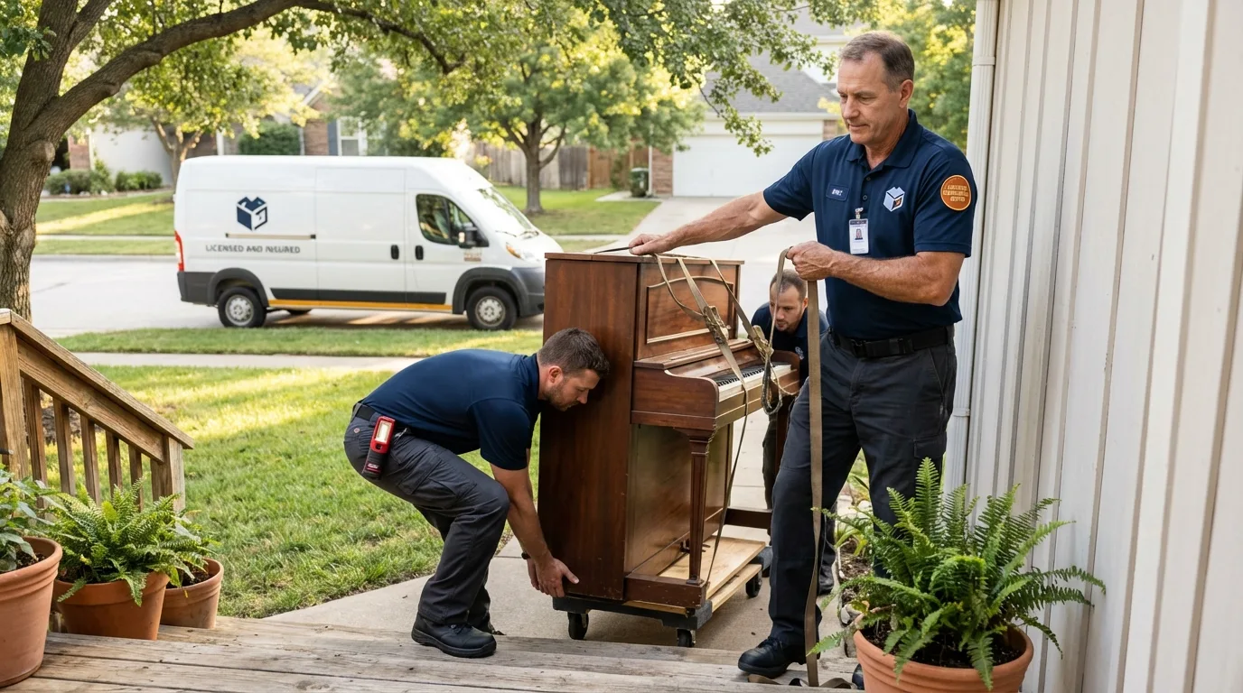 Licensed piano movers securing grand piano in Allison, IA