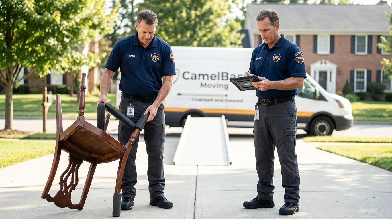 Movers inspecting furniture for damage prevention before loading in Allison, IA