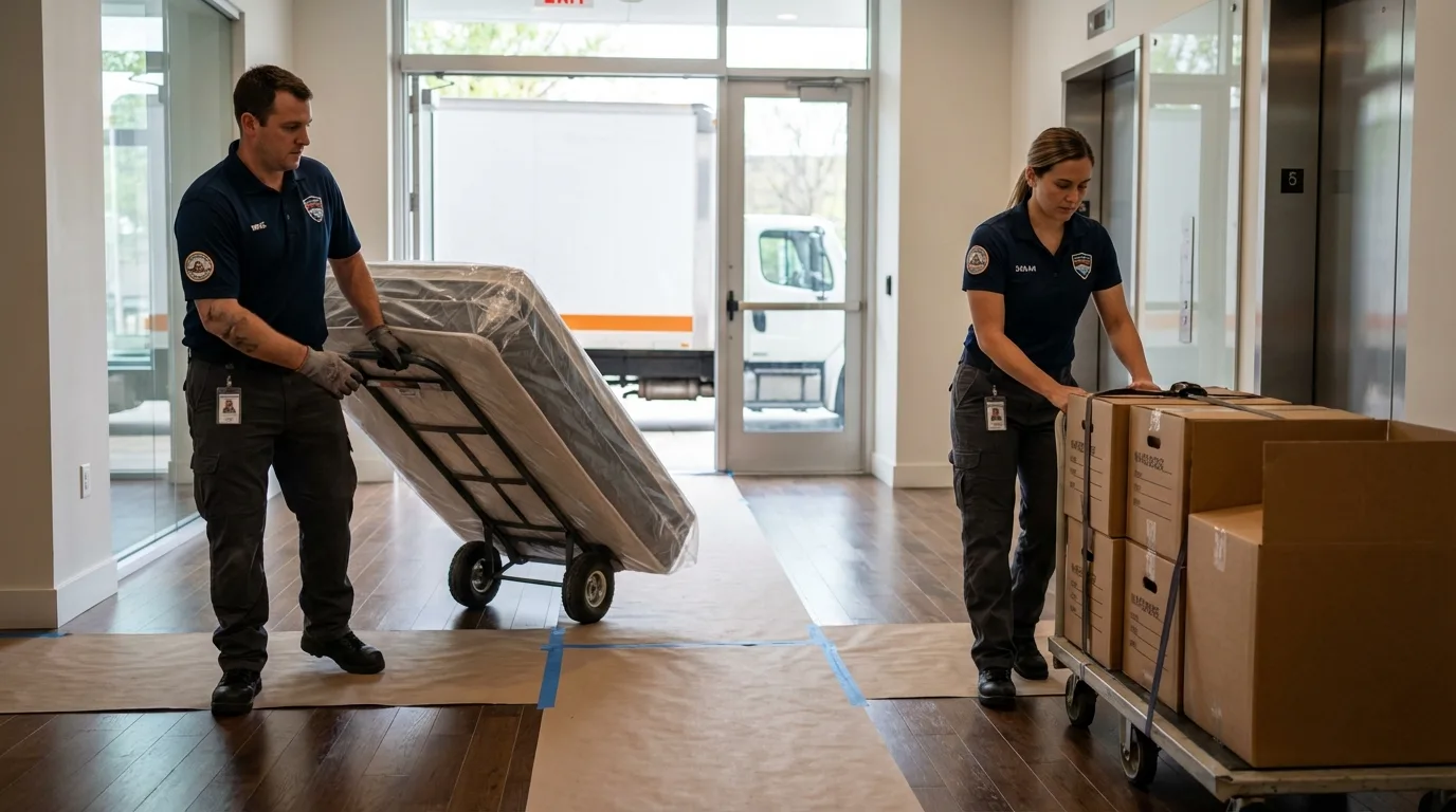 Professional apartment movers loading elevator in Allison, IA